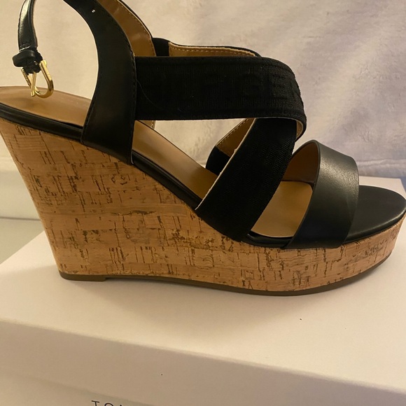 Tommy Hilfiger Black Wedge Sandals with Cork Platform - Picture 2 of 5